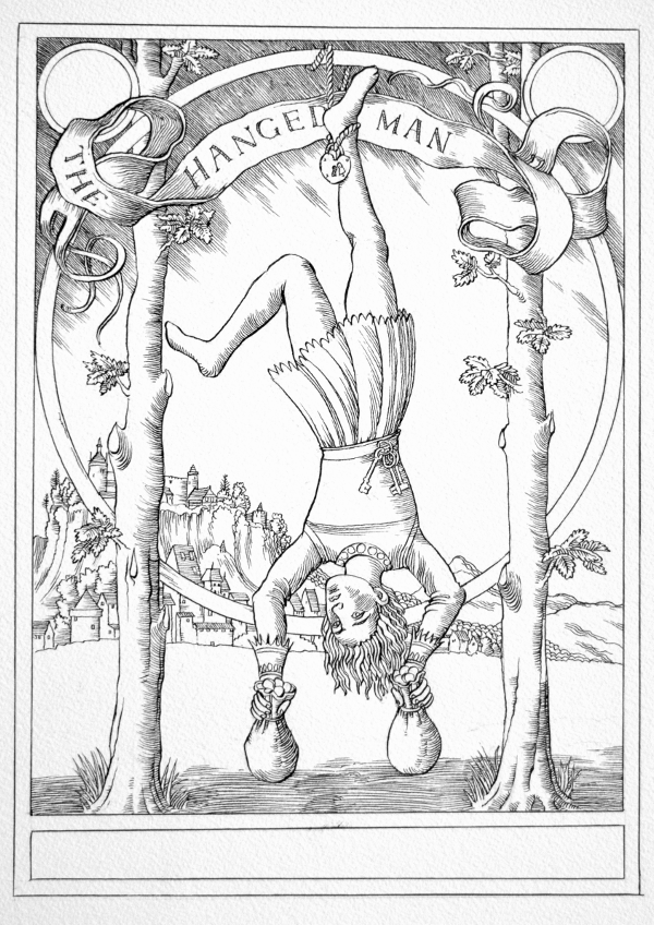 Jake Baddeley Tarot - 12 - The Hanged Man - ink on paper - 2020 Jake Baddeley Tarot - 12 - The Hanged Man - ink on paper - 2020