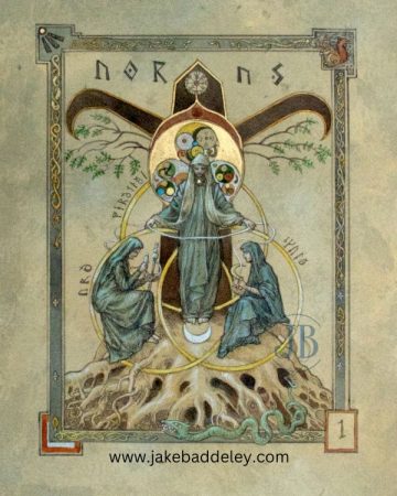 Jake Baddeley - Norns I - ink on water colour paper - A3 size